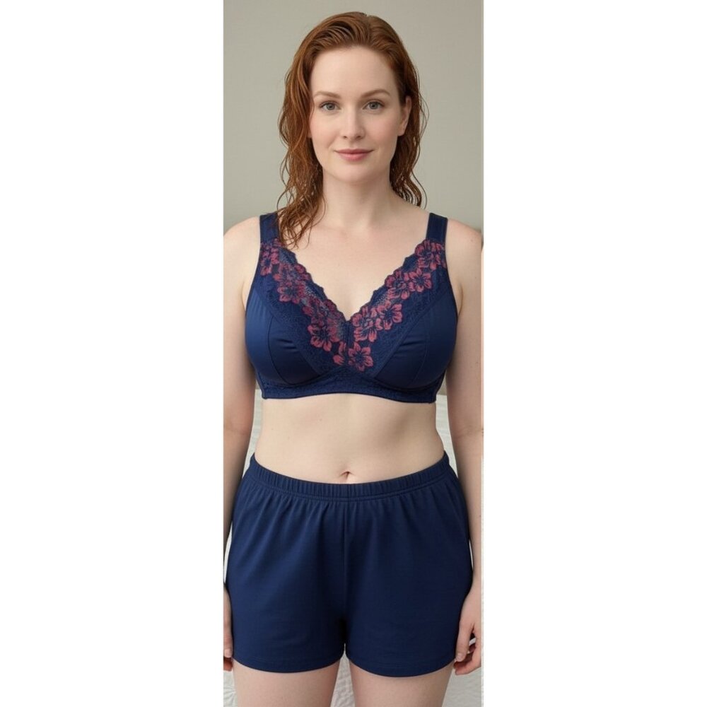 Rhonda Shear XL Navy Blue Pin Up Bra 673BP Wireless Padded Comfort Lace Bralette